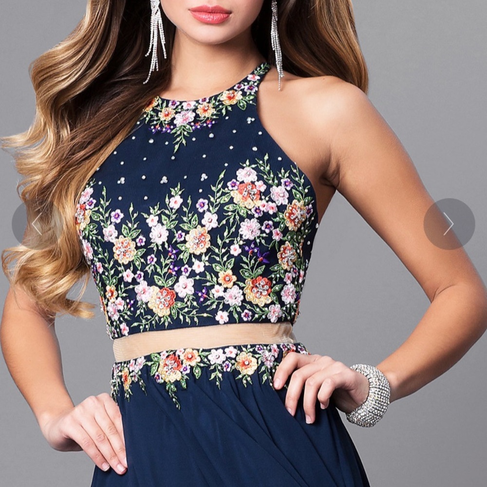 Navy embroidered two piece formal gown